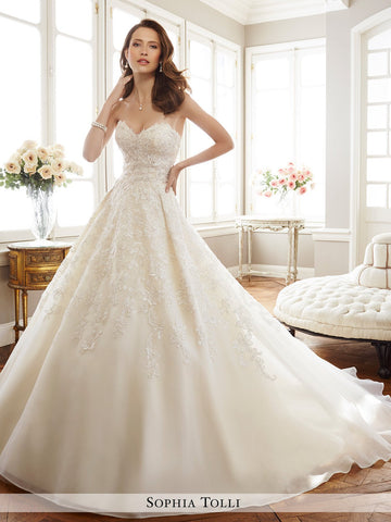 Sophia Tolli strapless fantasy organza with sweetheart neckline wedding ball gown