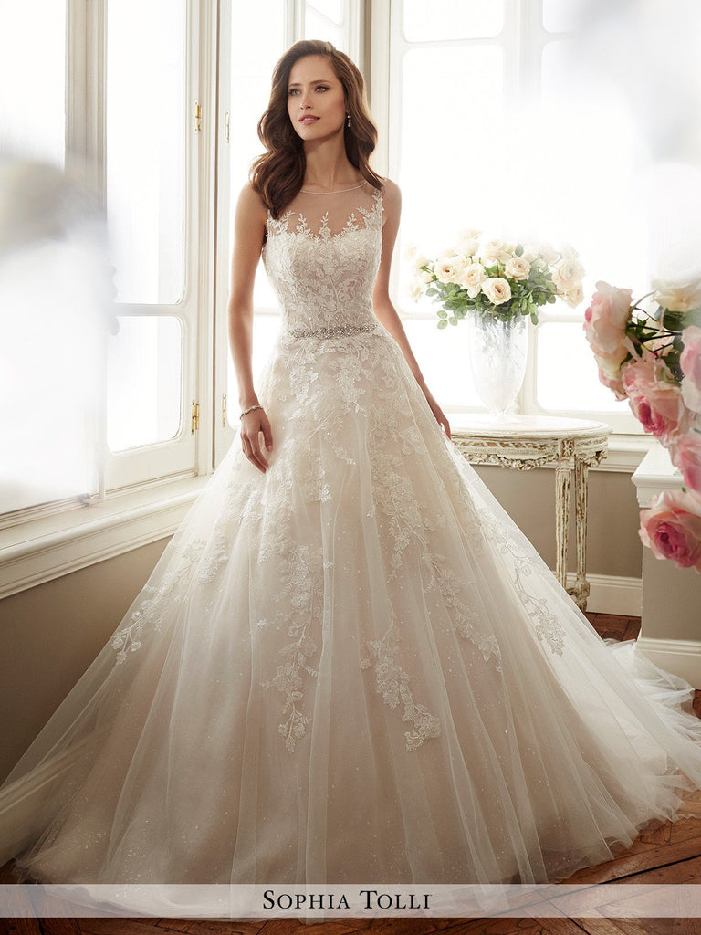 Sophia Tolli sleeveless misty tulle and sequin full A-line  wedding gown