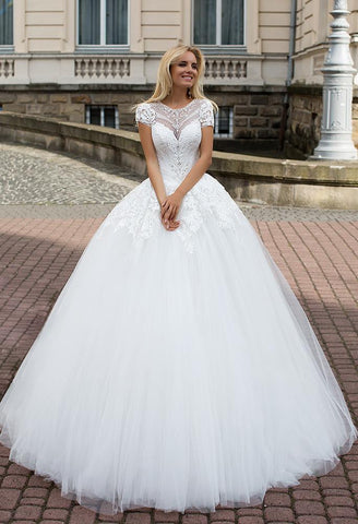 Lace tulle short sleeve rhinestone princess ball gown lace A-Line wedding dress