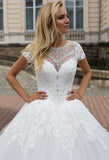 Lace tulle short sleeve rhinestone princess ball gown lace A-Line wedding dress