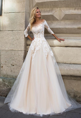 Lace tulle long slevee white ivory princess ball gow lace A-Line wedding dress