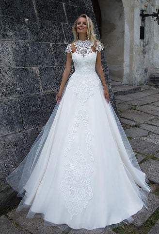 Lace tulle short slevee white ivory princess ball gow lace A-Line wedding dress