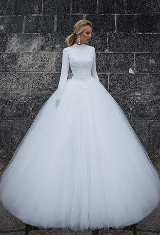 Lace tulle long sleeve princess ball gown lace A-Line wedding dress