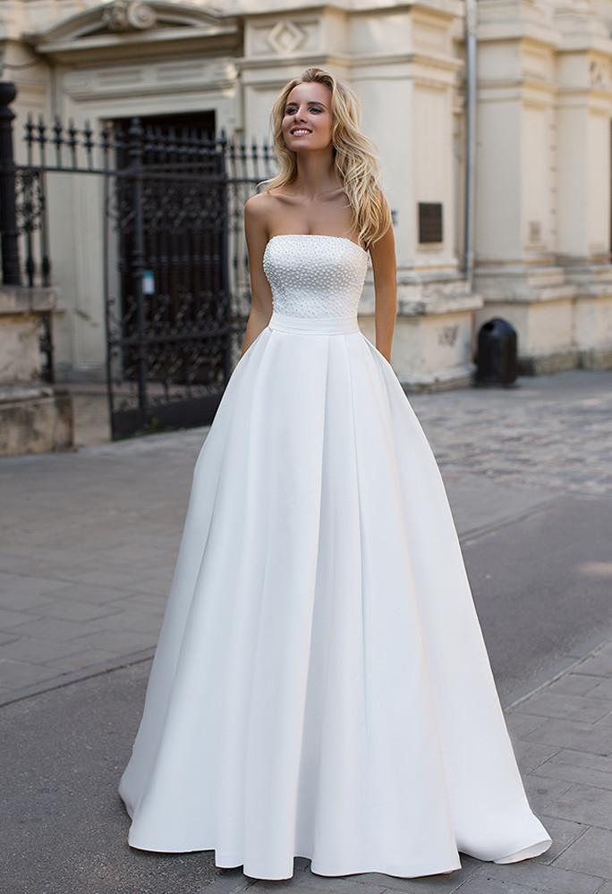Satin pearl  princess ball gown lace A-Line wedding dress