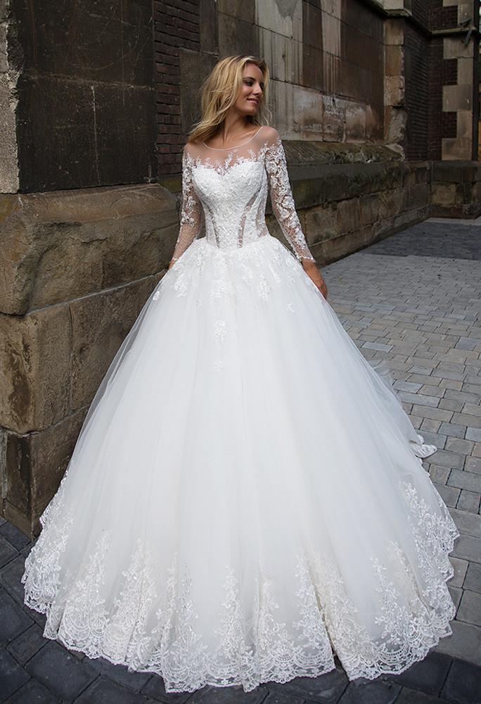 Lace tulle long sleeve ivory princess ball gown lace A-Line wedding dress