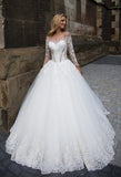 Lace tulle long sleeve ivory princess ball gown lace A-Line wedding dress