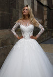 Lace tulle long sleeve ivory princess ball gown lace A-Line wedding dress
