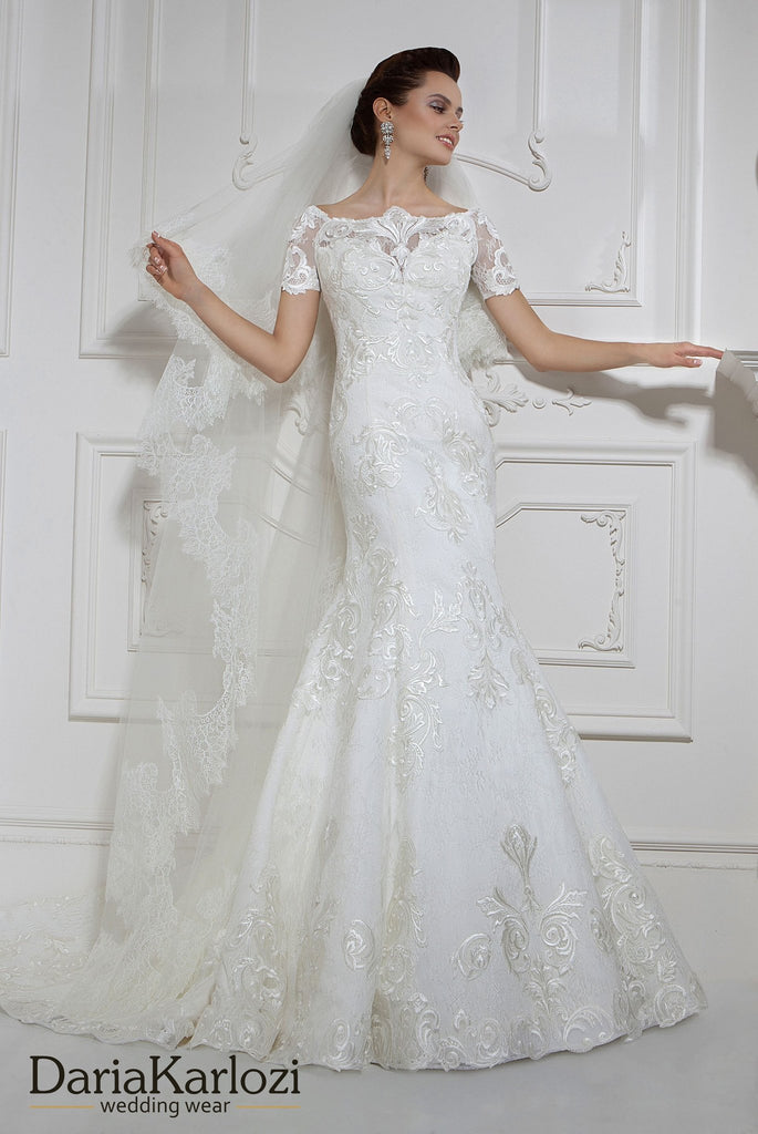Lace wedding dress trumpet mermaid short sleeve