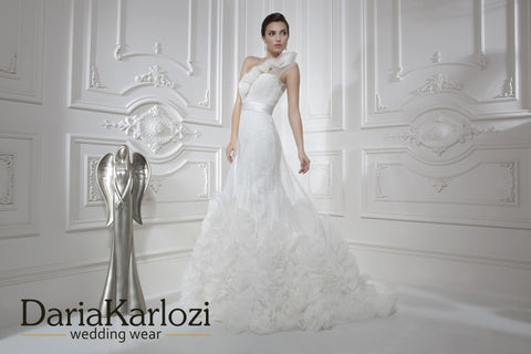 Ivory lace tulle wedding dress trumpet mermaid short sleeve