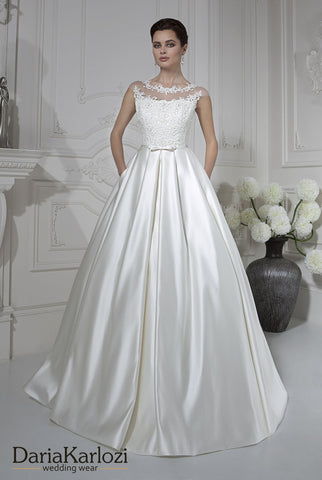 Ivory lace satin rhinestones wedding dress ball A-line