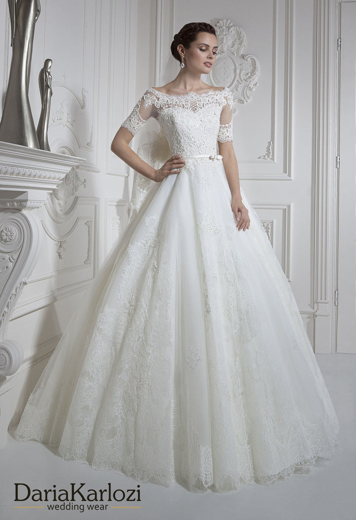 Ivory lace rhinestones wedding dress ball A-line