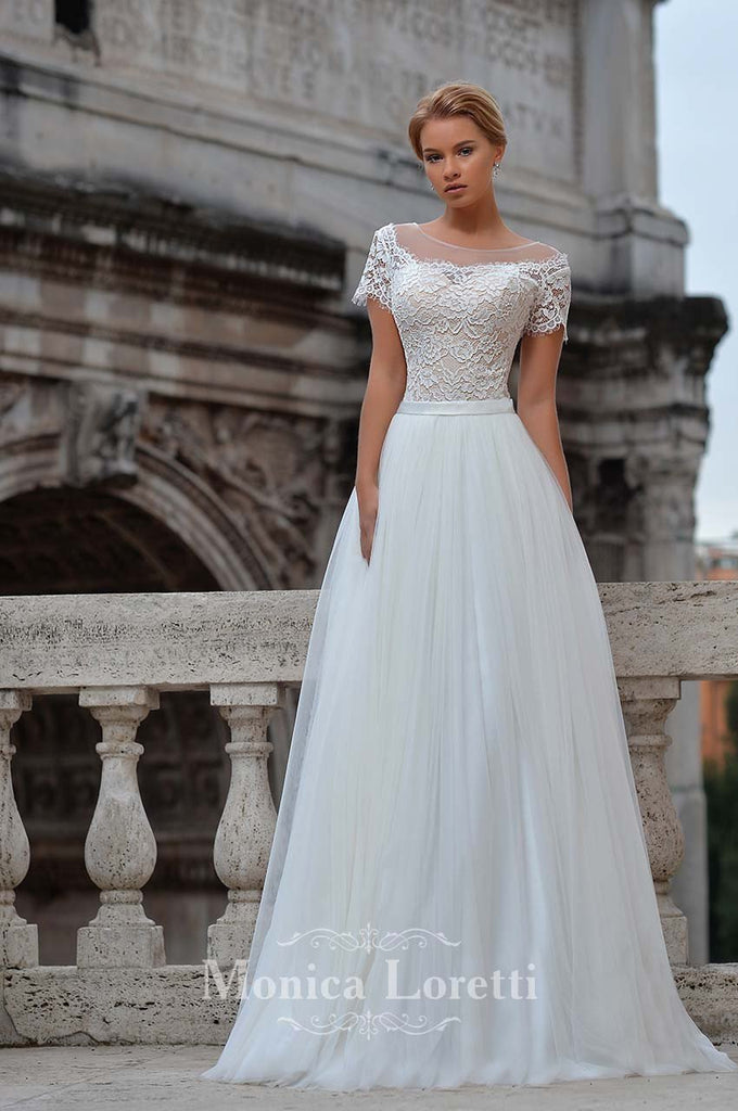 Lace satin tulle A-line ball gown Wedding Dress