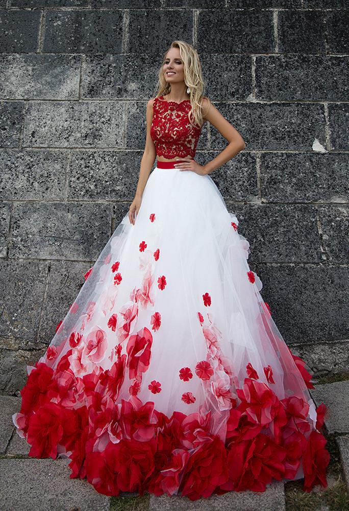 Red Lace tulle sleeve princess ball gown lace A-Line wedding dress