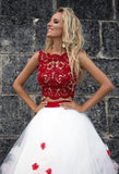 Red Lace tulle sleeve princess ball gown lace A-Line wedding dress