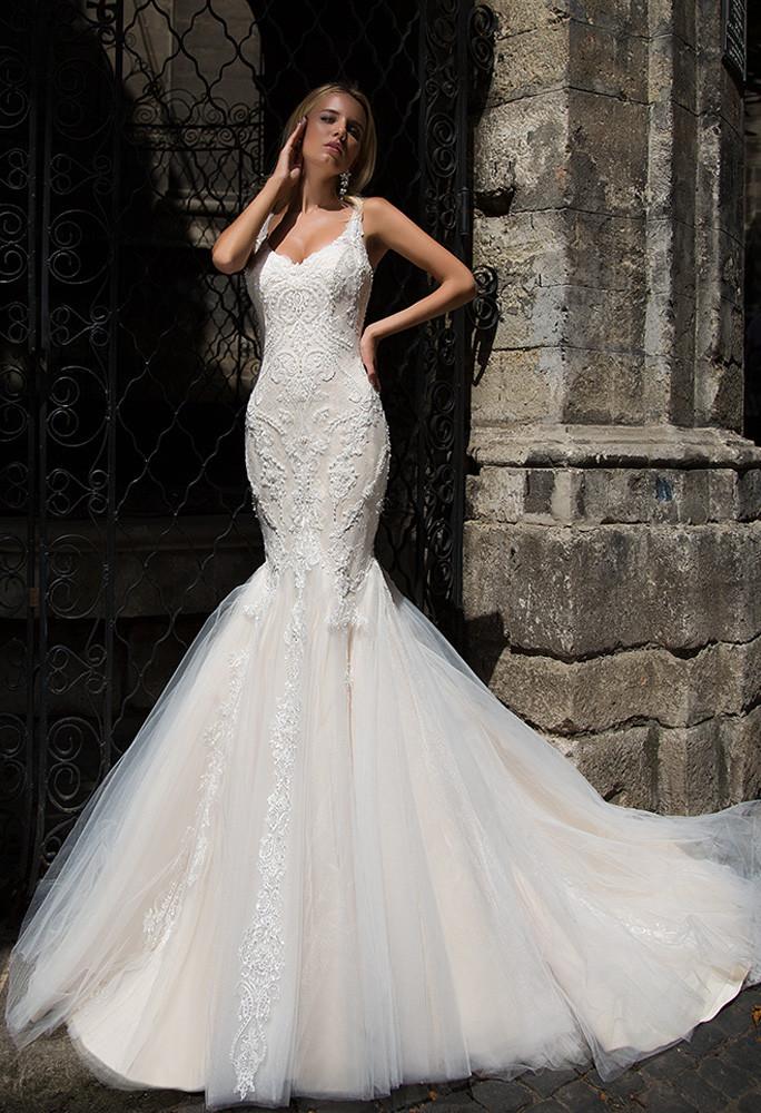 Lace sleeve ivory princess MERMAID lace wedding dress