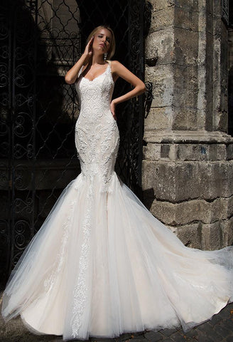 Lace sleeve ivory princess MERMAID lace wedding dress