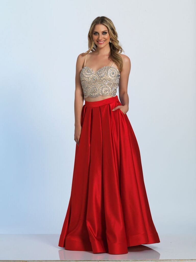 Prom lace satin mermaid trumpet long dress red 2 pcs